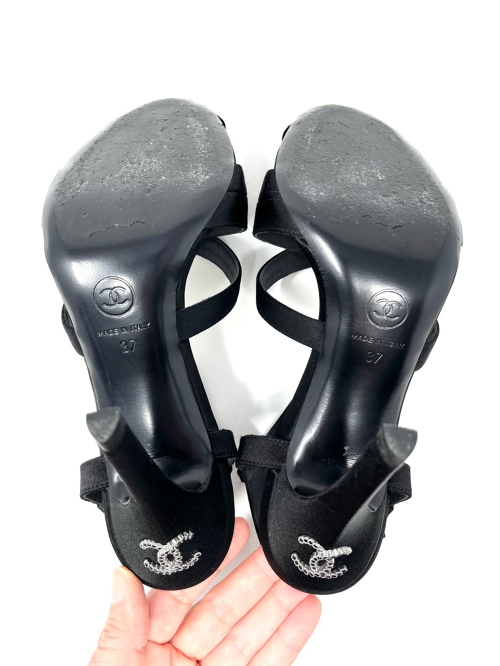 Chanel Strappy Black Satin Silver Crystal CC Logo High Heels Sandals Shoes 37 7 - Picture 9 of 11